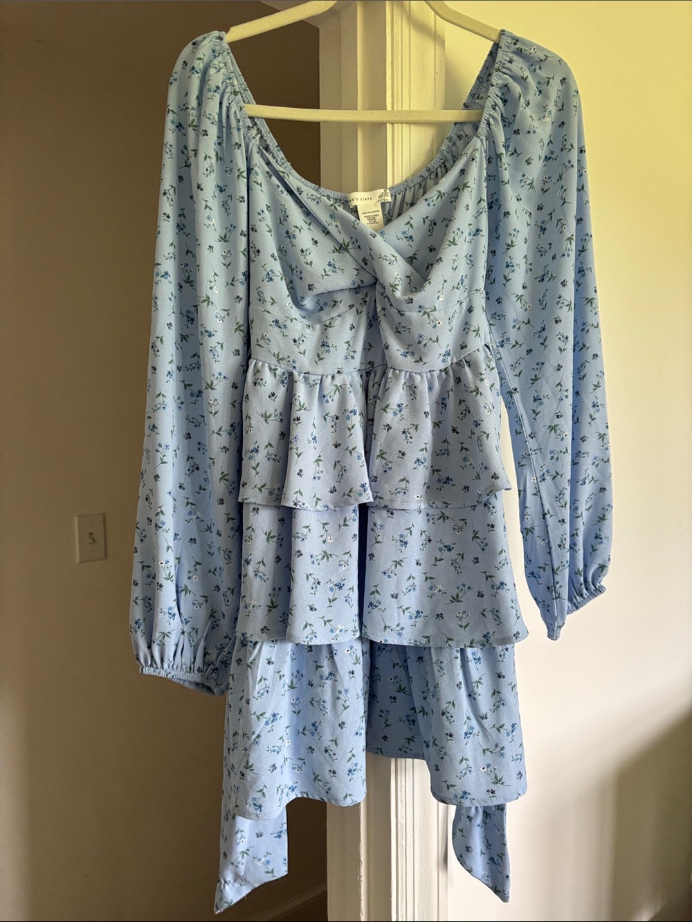 Altard State Light Blue Floral Tiered Long Sleeve Mini Dress